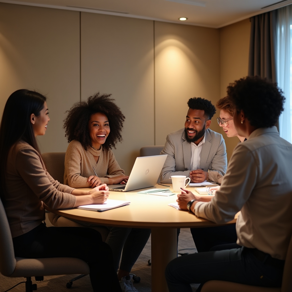 Small group engaged in a focused learning session around a modern table
