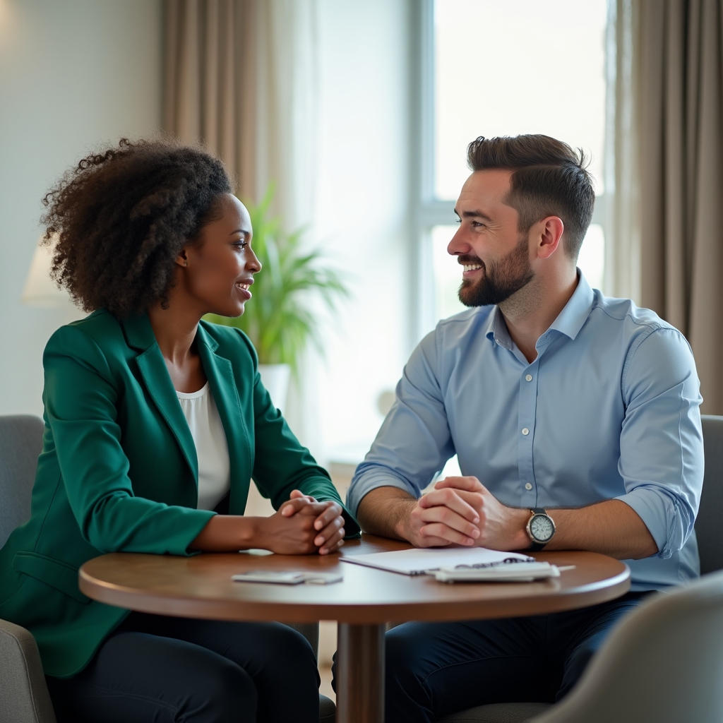 Two professionals having an open, engaged conversation at a bright meeting table