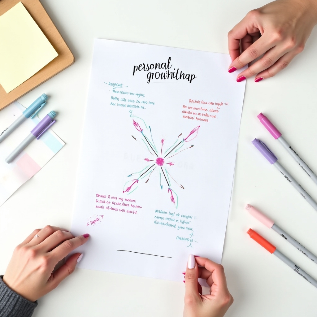 Close-up of a personal growth map framework laid out on a clean desk with colored markers and structured notes