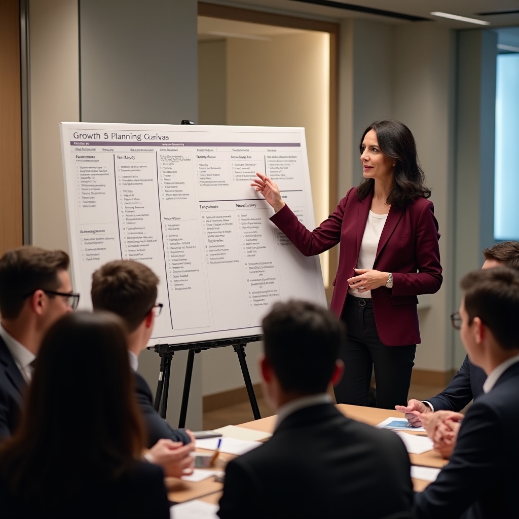 Professional woman presenting a growth planning canvas to attentive workshop participants